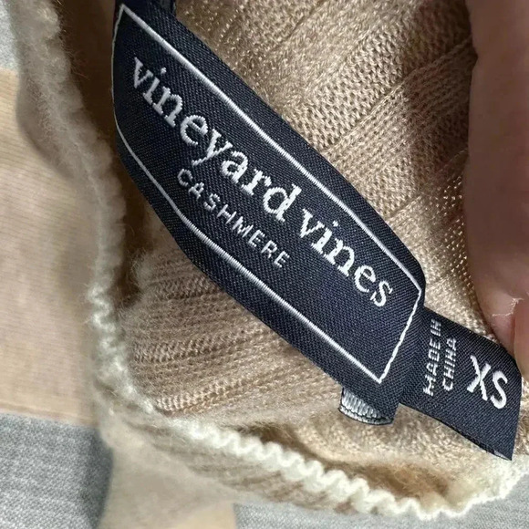 Vineyard Vines 100% Cashmere Tan & Navy Stripe Ribbed Nock Neck Sweater - XS - Picture 5 of 11
